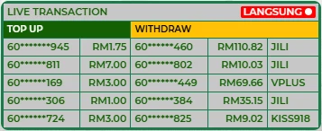 Live transaction feed — sample data for illustration only, showing recent top-up and withdrawal amounts