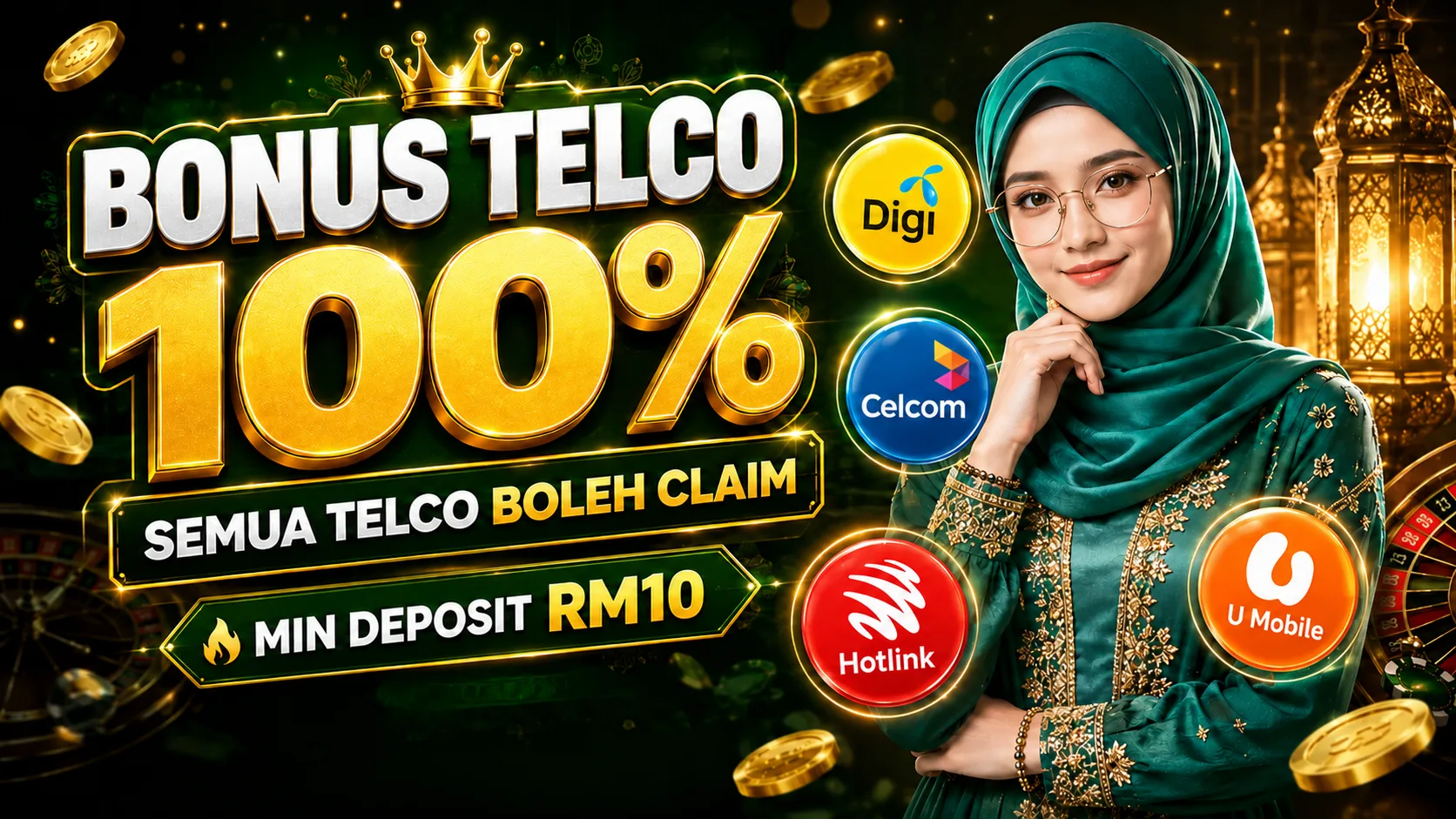 100% telco reload bonus for Digi, Celcom, Hotlink and U Mobile — minimum deposit RM10
