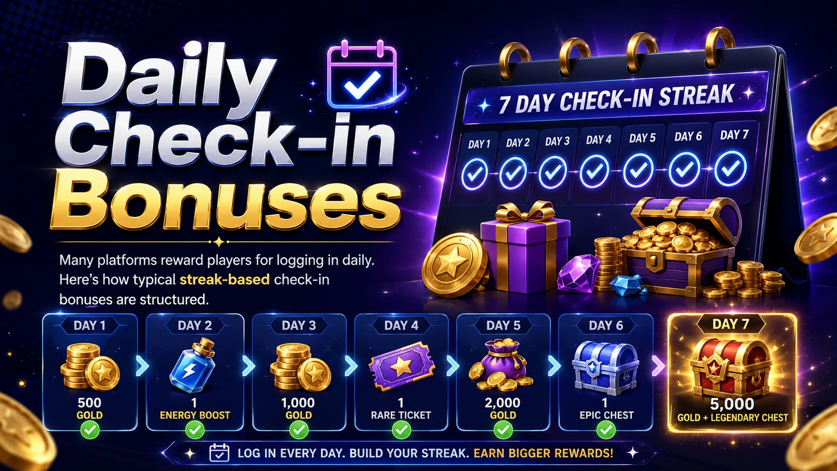 Daily check-in bonuses: a typical 7-day streak, from 500 gold on day 1 up to 5,000 gold plus a legendary chest on day 7