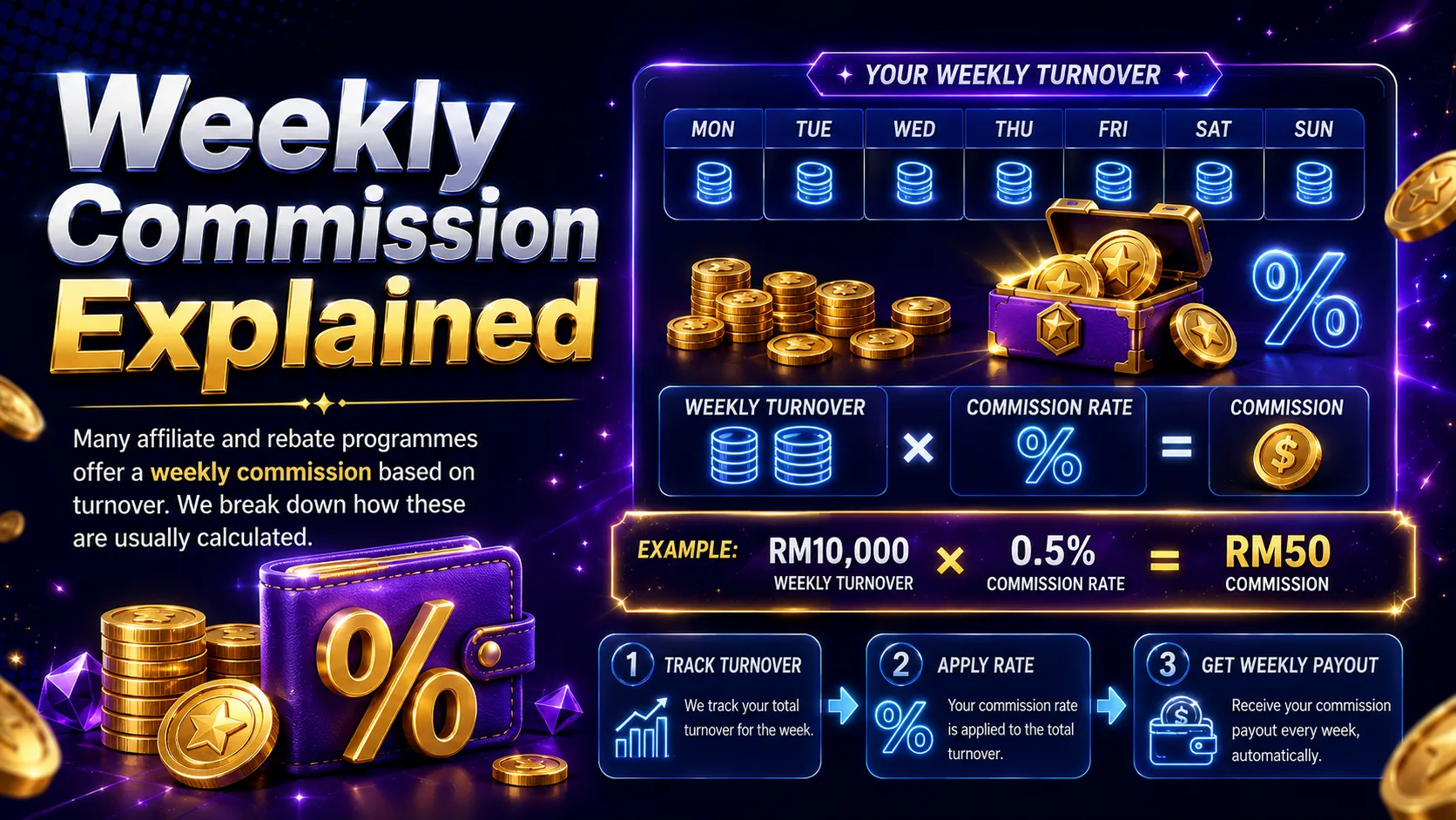 Weekly commission explained: track your weekly turnover, apply your commission rate, and get paid out weekly — e.g. RM10,000 turnover x 0.5% rate = RM50 commission. See how it works.